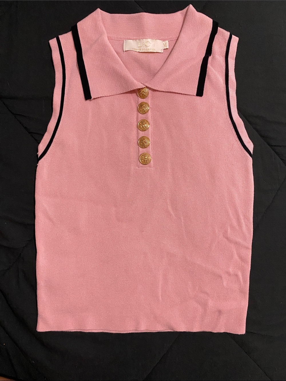 Sleeveless Pink Polo Tank with Black Trim and Gold Buttons